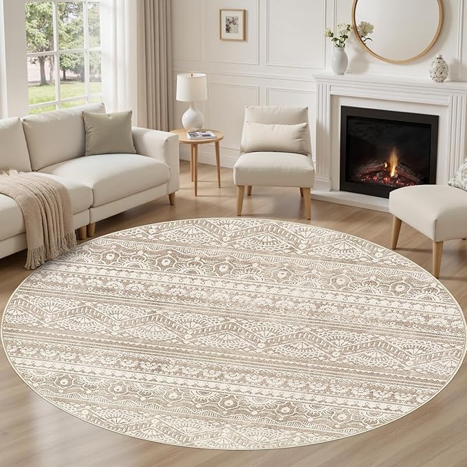 Tortania 5' Round Area Rug Living Room Rugs - Washable Large Soft Neutral Boho Moroccan Bohemian Farmhouse Rug Indoor Floor Carpet for Bedroom Under Dining Table Home Office Decor - Light Brown