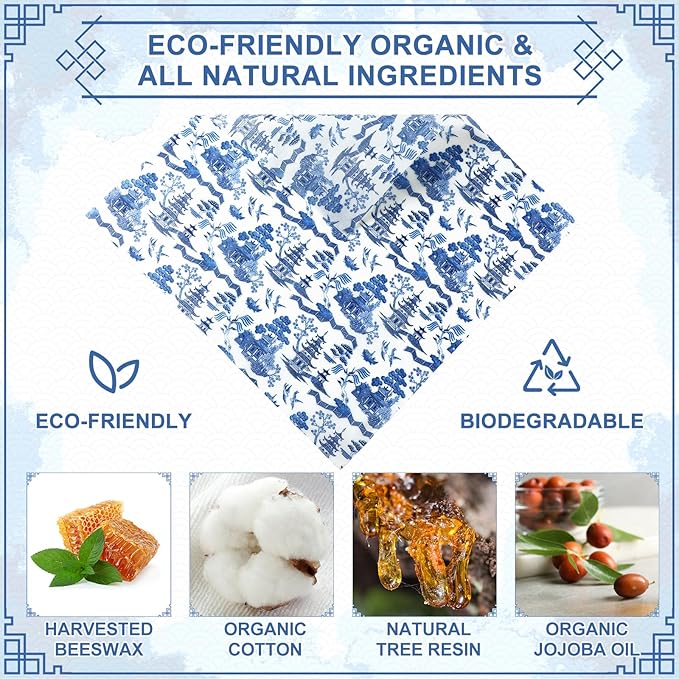 Tigeen 9 Pack Reusable Beeswax Wrap for Food Chinoiserie Beeswax Paper for Sourdough Bread Cheese Paper Wrapping Wax Cloth Food Wraps Bread Sandwich Wrapper 1 XL 3 Medium 5 S (Blue,Chinoiserie)