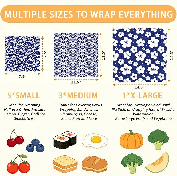 Reusable Beeswax Wraps, 9 Pack Sandwich Bowl Bread Food Storage, Organic Sustainable Zero Waste Plastic-Free, 1XL, 3M, 5S, Indigo Blue Floral Wave and Leaf Patterns