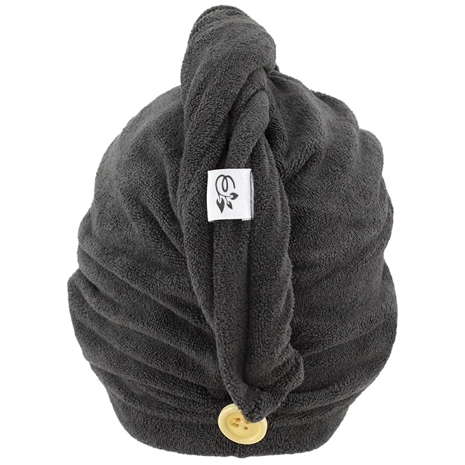 Evolatree Microfiber Hair Towel Wrap for Women – Quick-Dry Anti-Frizz Hair Turban with Wooden Button, Designed in Canada for Mindful Hair Care – Raven Dark Gray