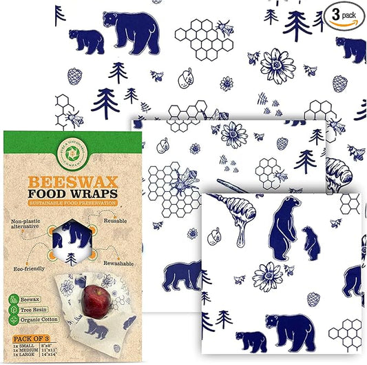 PURE & SUSTAINABLE COMPANY Beeswax Wraps for Food Storage-Pack of 3 Reusable with Organic Cotton - Preserve Fruits, Vegetables, Sandwiches, Snacks, Leftovers. Size S,M,L. Bears Print