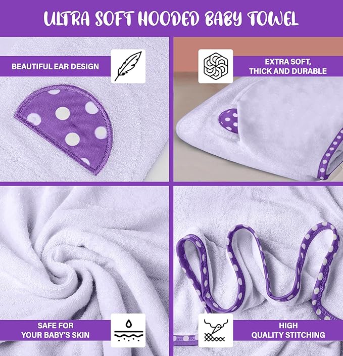 Set of 2 Hooded Baby Towels – White and Purple – Luxurious, Large and Super Absorbent – 35 x 35 Inch – Soft and Suitable for Infants, Toddlers and Kids – 400 GSM