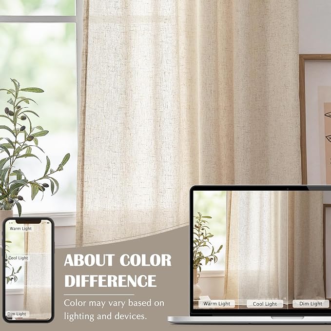 jinchan Linen Curtains 72 Inch Length 2 Panels Set Light Filtering Farmhouse Curtains for Living Room Bedroom Window Drapes 6ft Long Aesthetic Decor Drapes Back Tab, Linen Natural, 50W x 72L