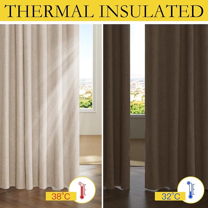 NICETOWN 100% Blackout Beige Linen Bedroom Curtains 95" Length with Thermal Insulated Liners, Farmhouse Style Room Cooling Window Treatments for Living Room, Home Office (2 Panels, 52" W)