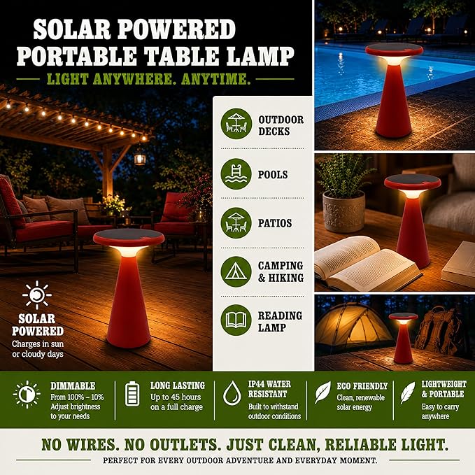 Portable Solar Powered Mushroom LED Table Lamp - Indoor/Outdoor Use - Stepless Dimming - Up to 45 Hour Rechargeable Battery - 1.6W, 160 lumens, 2700K - IP44 Weather Resistant - Red