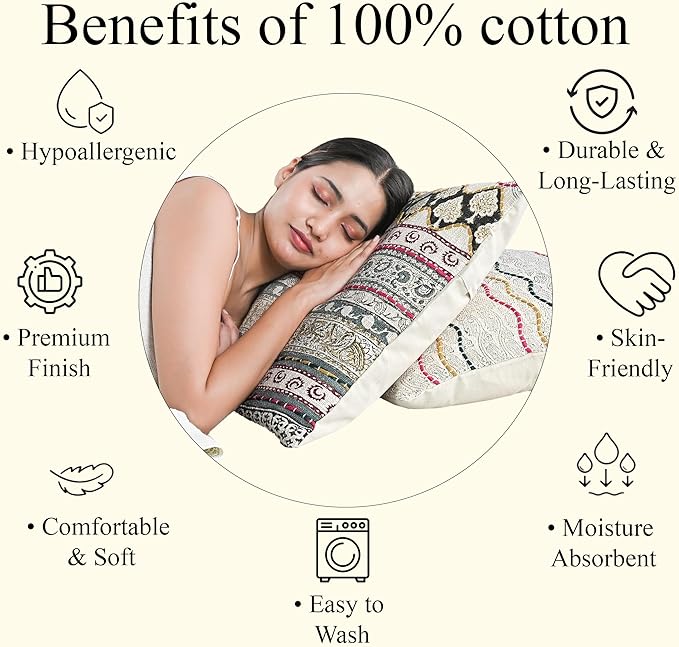 Ridhi Hand Block Print Neutral Ivory Grey Cotton TNT Cushion Cover 18x18 Decorative Throw Pillow Cover for Sofa, Living Room, Bedroom Decor, Soft, Cushion Case for Spring, Easter