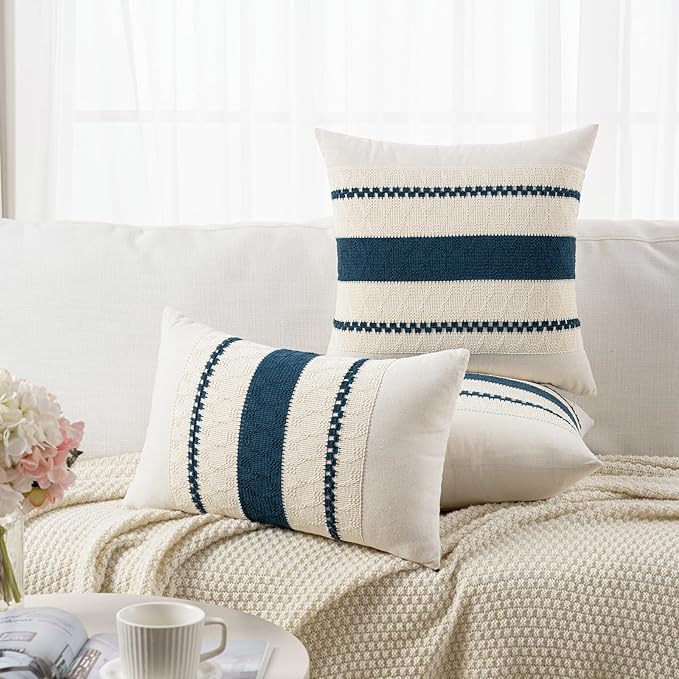 Fancy Homi Set of 2 Boho Teal Long Lumbar Decorative Throw Pillow Cover 12x24 Inch for Couch Bed Sofa Chair, Modern Organic Farmhouse Home Decor, Soft Cotton Cute Accent Rectangle Cushion Case