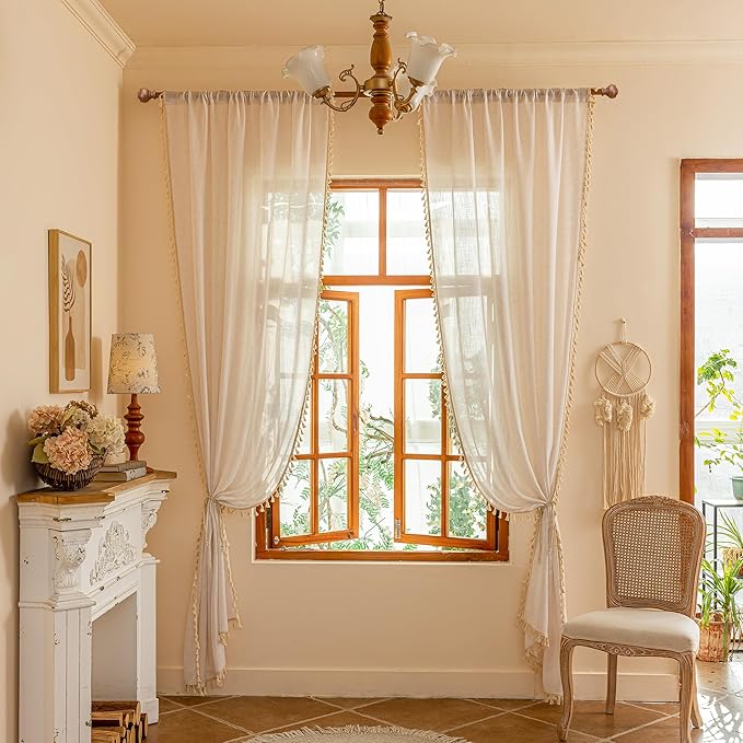 MYSKY HOME Boho Cream Curtains with Macrame 72 Inch Length, Semi Sheer Drapes for Living Room Privacy Protect Rustic Farmhouse Style Back Tab for Doorways, 50" x 72", Natural，2 Panels