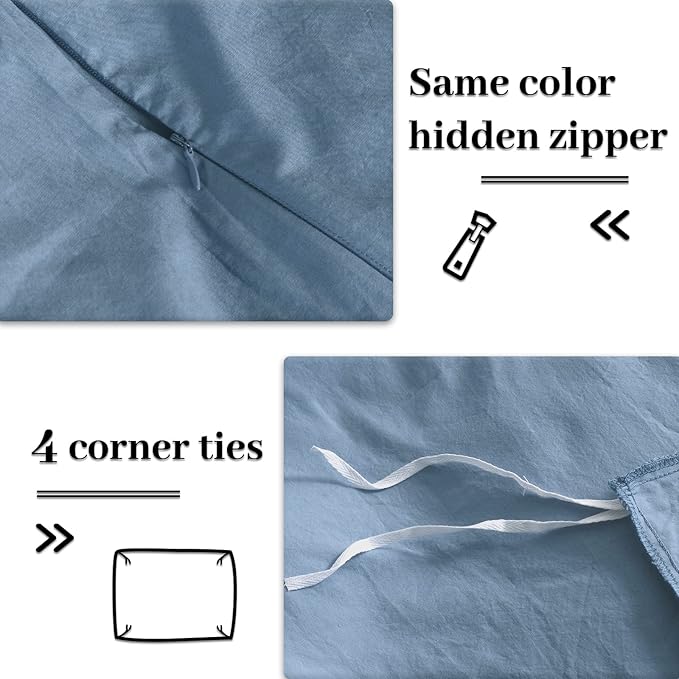 NEXHOME PRO Duvet Cover Set Kids Twin Size Linen Look Textured Organic Natural 100% Washed Cotton Duvet Cover Blue Bedding Set with Zipper Closure, Corner Ties, Breathable (No Comforter)