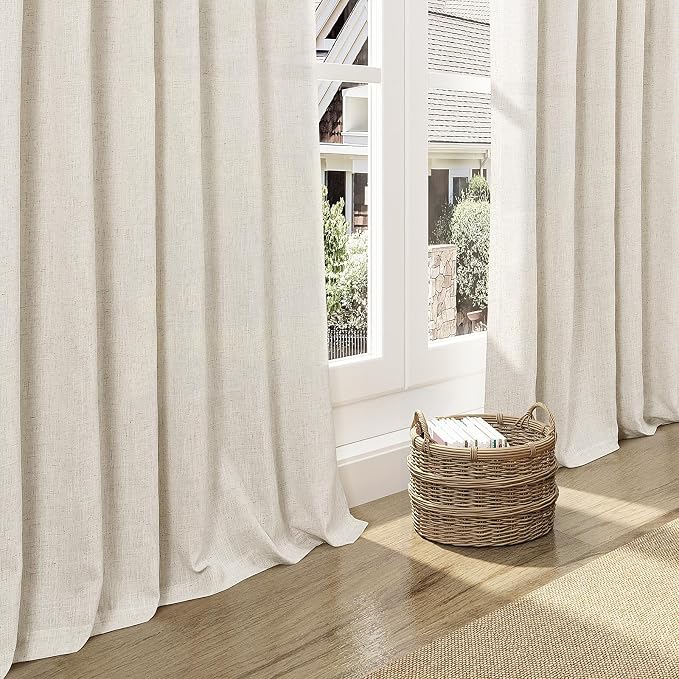 Warm Beige Linen Curtains 90 Inch Long 2 Panels Set for Bedroom Living Room Linen Textured Window Drapes Semi Sheer Light Filtering Rod Pocket Back Tab Cotton Textured Farmhouse Curtain 52x90