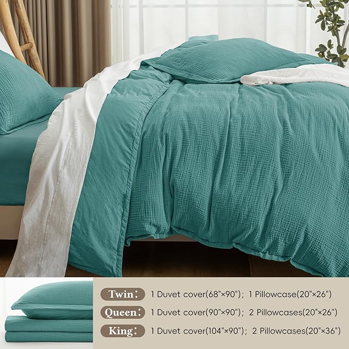 David's Home 100% Cotton Muslin Duvet Cover Set Twin Size,2 Pcs Ultra Soft Breathable & Lightweight Gauze Bedding Set with 1 Pillowcase,Textured Home Decor with Button, 68"×90" Teal,No Insert