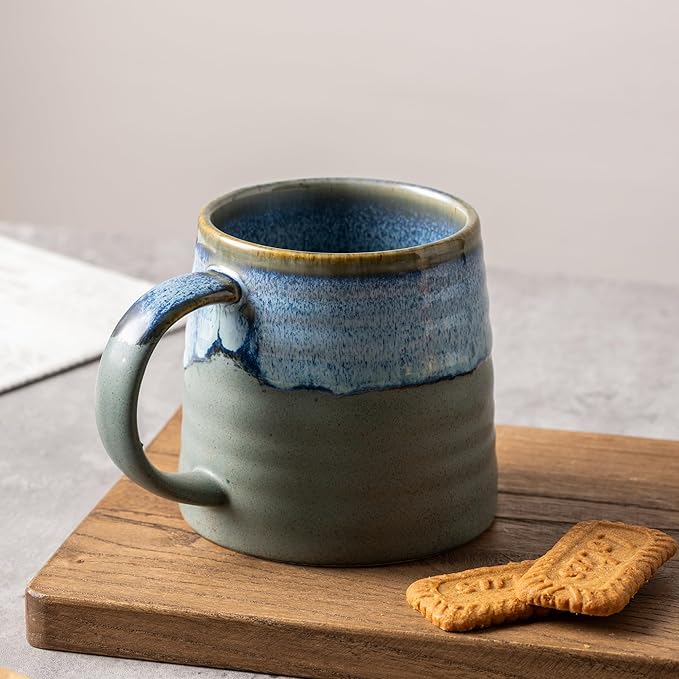 15.5 Oz Large Reactive Glaze Ceramic Mug, Heavy Weighted Stoneware Coffee Cup, Wide Base, Thick Wall Big Tea Cup with Custom Package Box, Microwave & Dishwasher Safe(Blue-Grey)