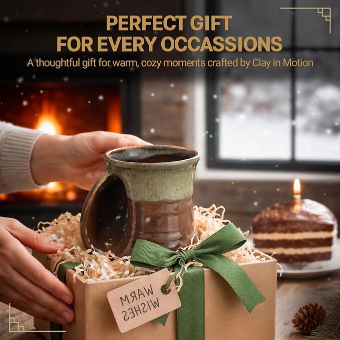 Clay in Motion Hand Warmer Coffee Mug – Handmade Coffee Mug With Comfortable Handle Contoured Pocket Hand Warming Ceramic Coffee Mug – Proudly Made in USA – Left Handed – 14 Oz - Mocha