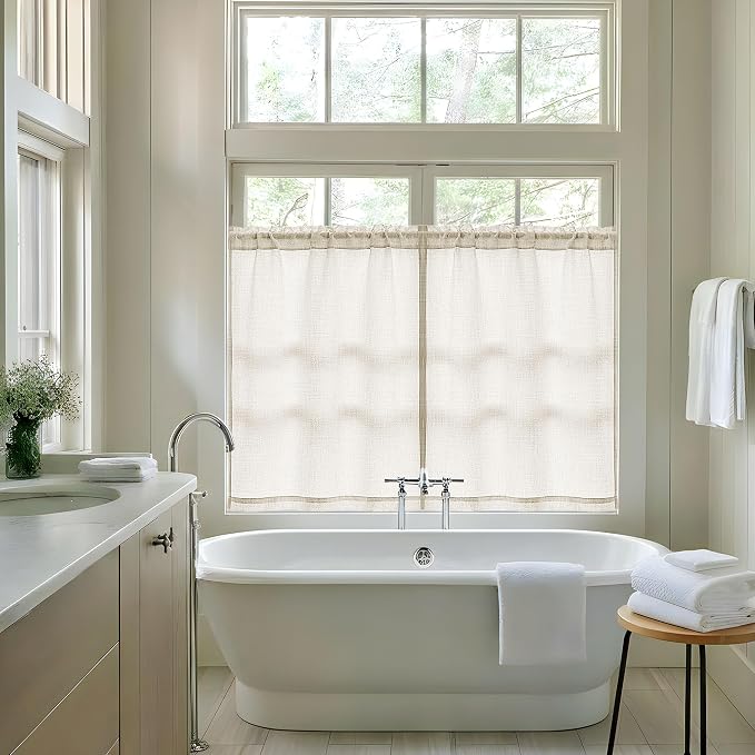 48 Inch Boho Linen Curtains for Cafe Kitchen Bedroom Bathroom Rod Pocket Semi Sheer Light Filtering Privacy Window Treatments Neutral Drapes for Small Window 2 Panels W34xL48