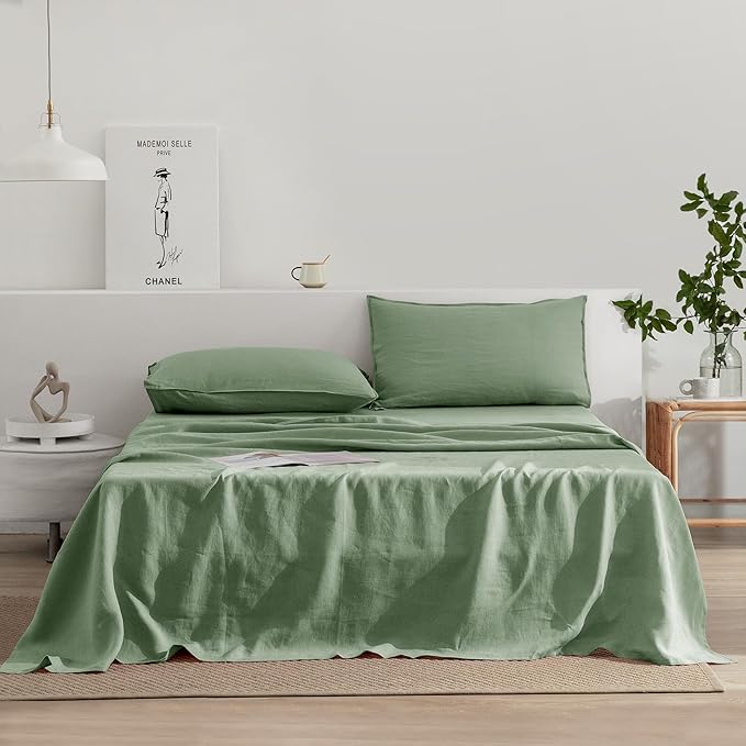 EVERLY Linen Sheets Set California King Size,100% French Stonewash Linen Sheets Set,4Pieces (1Flat Sheet,1Fitted Sheet,2Pillowcase) Suitable for Hot Sleepers Deep Pocket Natural Bedding Set-Saga Green