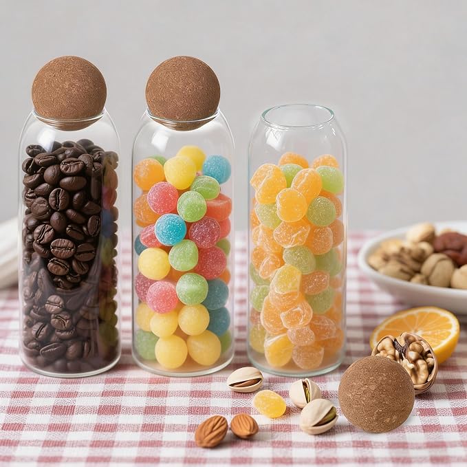 5 Pack 35oz/1000ML Glass Storage Jars with Cork Ball Lids, Airtight Clear Glass Canisters for Kitchen, Food Storage Containers for Pasta, Coffee, Candy, Snacks, with Labels & Marker