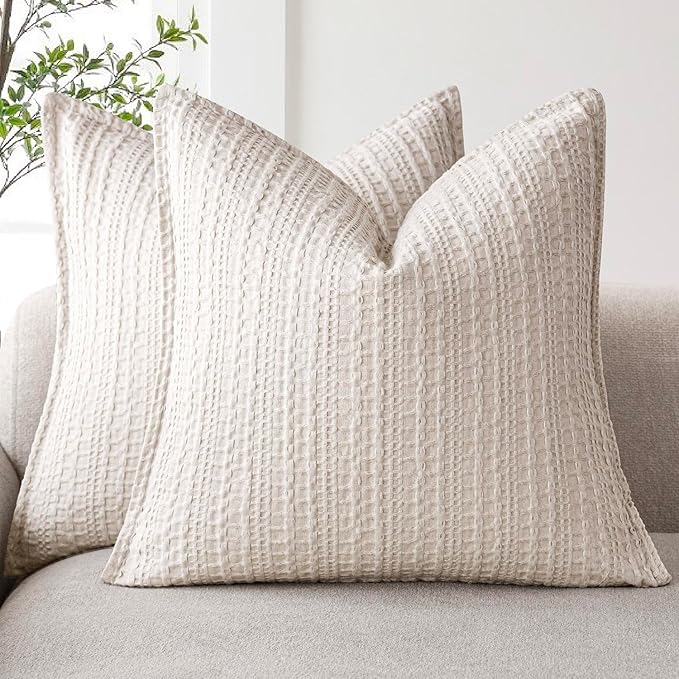 Foindtower Set of 2 Decorative Cotton Waffle Weave Throw Pillow Covers Euro Shams Cushion Covers Accent European Pillowcase for Bed Couch Sofa Bedroom Living Room Home Decor 24×24 Inch Oatmeal