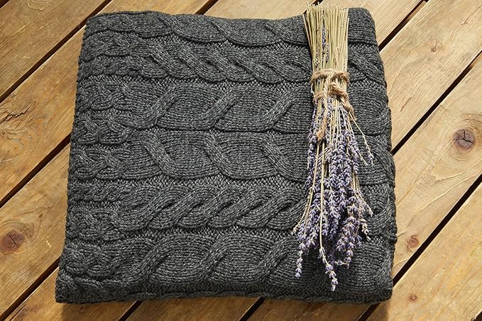 Aran Woollen Mills Cable Throw Blanket, 100% Supersoft Merino Wool, Made in Ireland, Silver Strand, Charcoal, 40" x 60"