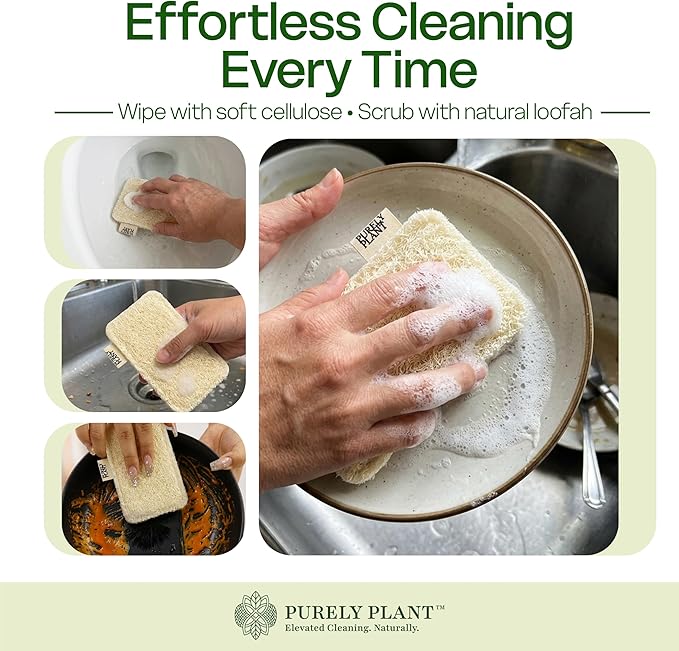Purely Plant Loofah Dish Sponge 4 Pack– Loofah & Cellulose Premium Kitchen Scrubber, Non Toxic, 100% Plastic Free,Compostable & Biodegradable,Durable, Non-Scratch Scouring Luffa for Dishes, Sink&Tile