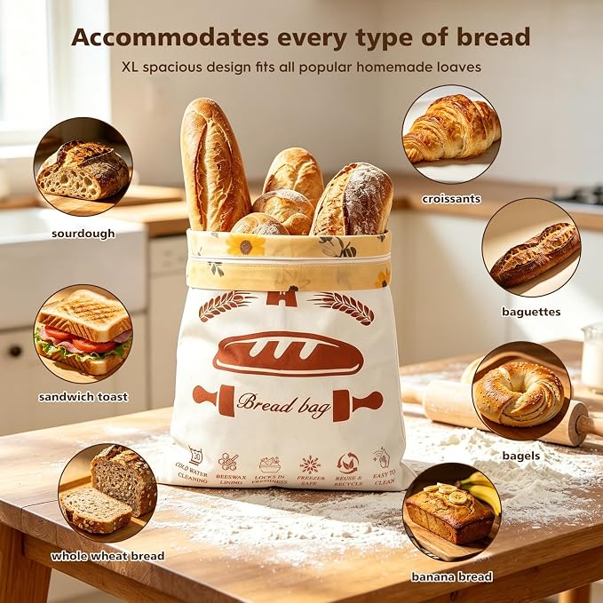 Beeswax Bread Bags with Dual Seal Removable Liner for Homemade Sourdough | 2 Pack XL reusable organic cotton bags with removable easy‑clean printed liner, zipper & hook‑loop seals to keep loaves fresh