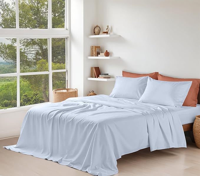 RUVANTI 100% Cotton Organic Percale Sheets Cal King Size – Crisp Cooling Bed Sheets for Hot Sleepers, Deep Pocket 13”, Soft Peach Finish, Breathable & Durable Hotel-Style 4 Pcs, Arctic Ice