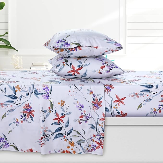 AZORES HOME Queen Organic Cotton Sateen Sheet Set - Deep Pocket, 300 Thread Count, 4-Piece Luxury Bedding, Estella Multicolor