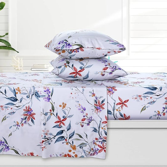 AZORES HOME Queen Organic Cotton Sateen Sheet Set - Deep Pocket, 300 Thread Count, 4-Piece Luxury Bedding, Estella Multicolor