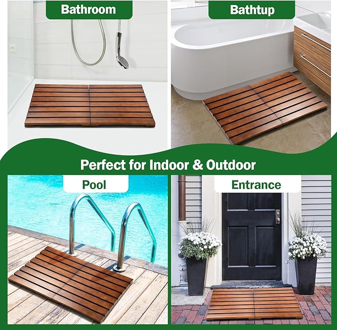 Teak Shower Mat, Foldable Wooden Shower Mat with Non-Slip Rubber Feet, Teak Bath Mat for Bathroom, Bathtub, Spa, Sauna, Pool, Indoor Outdoor Use, Water-Resistant Wood Floor Mat