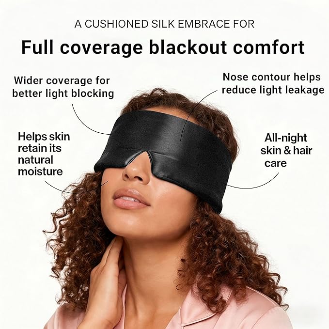 Silk Sleep Mask for Side Sleepers, Eye Mask for Sleeping Women Men, Face-Hugging Padded Eye Cover, 100% 22 Momme Pure Mulberry Silk, Soft Light Blocking Mask for Travel, Naps & Shift Workers (Black)