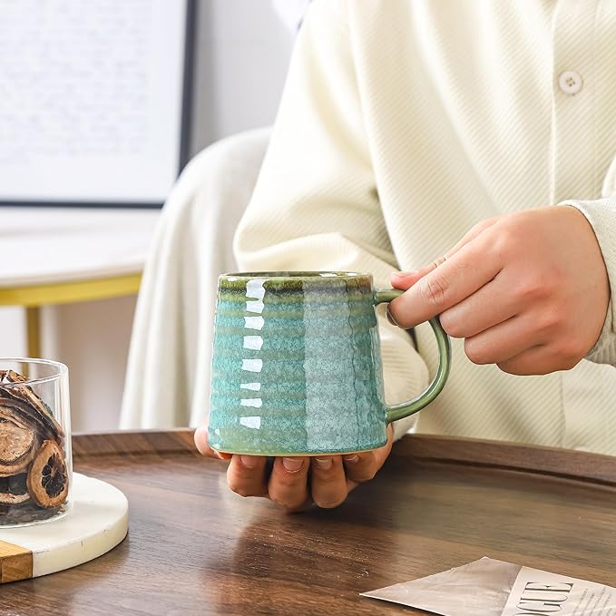 Large Ceramic Coffee Mugs, Handmade Pottery Mug, Tea Cups with Handle for Office and Home, 16 oz, Dishwasher and Microwave Safe (Crystal Green)