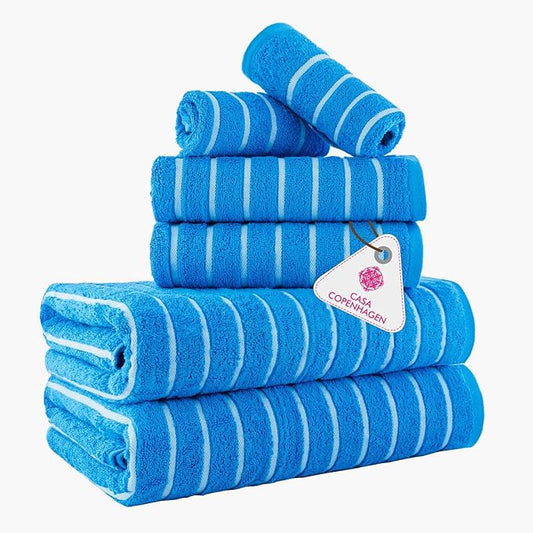 CASA COPENHAGEN Ecstatic 6Pcs 100% Egyptian Cotton Large Designer Towels Gift Set- Electric Blue, 600GSM, 2Bath 2Hand 2Washcloths, Bath Towels for Bathroom Set for Women & Men