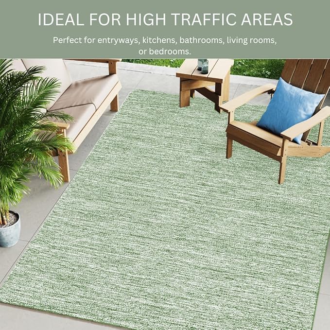 Hand Woven Area Rug 4x6 Feet - Rustic Farmhouse Bohemian Accent Rug for Living Room Bedroom Kitchen Entryway Floor Mats - Ideal for High Traffic Areas 100% Cotton Rag Rug Green