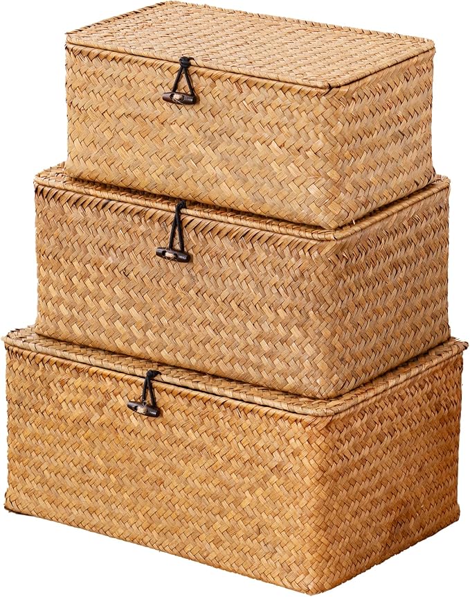 Nonam Large Storage Basket with Lid, Natural Seagrass Bin with Lid Set of 3, Shelf Baskets Multipurpose Container for Boho Decoration, Rectangular Household Storage Boxes for Home Organization-Natural
