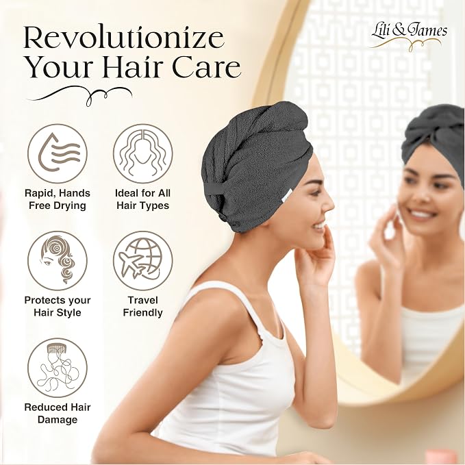 Lili&James 100% Cotton Hair Towel Wrap for Women & Kids – 420 GSM Quick Dry Hair Turban with Double Button Loop, Anti Frizz Non Microfiber Hair Drying Towel for Curly, Long & Thick Hair (Dark Grey)