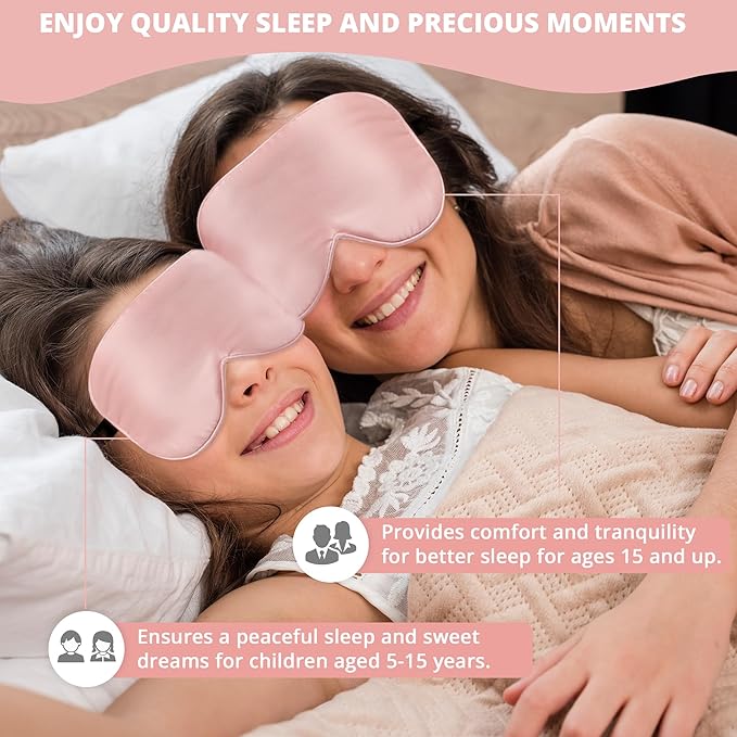 Silk Sleep Mask Eye Cover, 100% Real Natural Eye Mask for Sleeping with Adjustable Strap, 100% Silk Filling Blindfold, sleepmask for Kids/Teens/Adults, Sleeping Masks for Family (2 Pink)