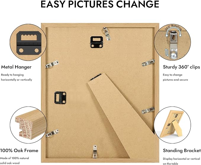 Hongkee 10x12 Oak Wood Picture Frame 1 Pack(Matted 8x10), Real Glass Cover | Natural, 10 x 12 Solid Wood Frame for Wall or Tabletop Display - Includes Easel Back, Vertical Hang - Ideal for Home, Office