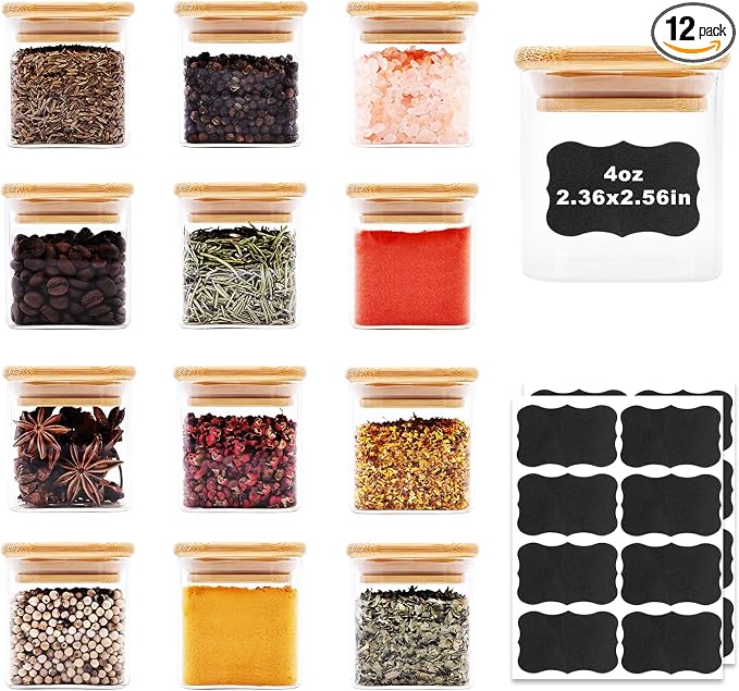 SHOWIN Glass Food Storage Jars Square 4oz, 12 Pack Glass Jars With Bamboo Lids, Kitchen Storage Containers For Spice, Candy, Cookie, Storage For Pantry Organizers