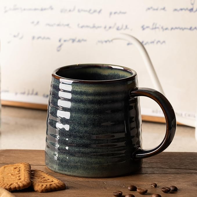 15.5 Oz Large Reactive Glaze Ceramic Mug, Heavy Weighted Stoneware Coffee Cup, Wide Base, Thick Wall Big Tea Cup with Custom Package Box, Microwave & Dishwasher Safe (Dark Green)