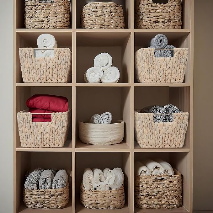 Casafield Set of 4 Water Hyacinth Storage Baskets with Handles - Whitewash White, Woven Storage Bins for Shelves, Blankets, Laundry Organization