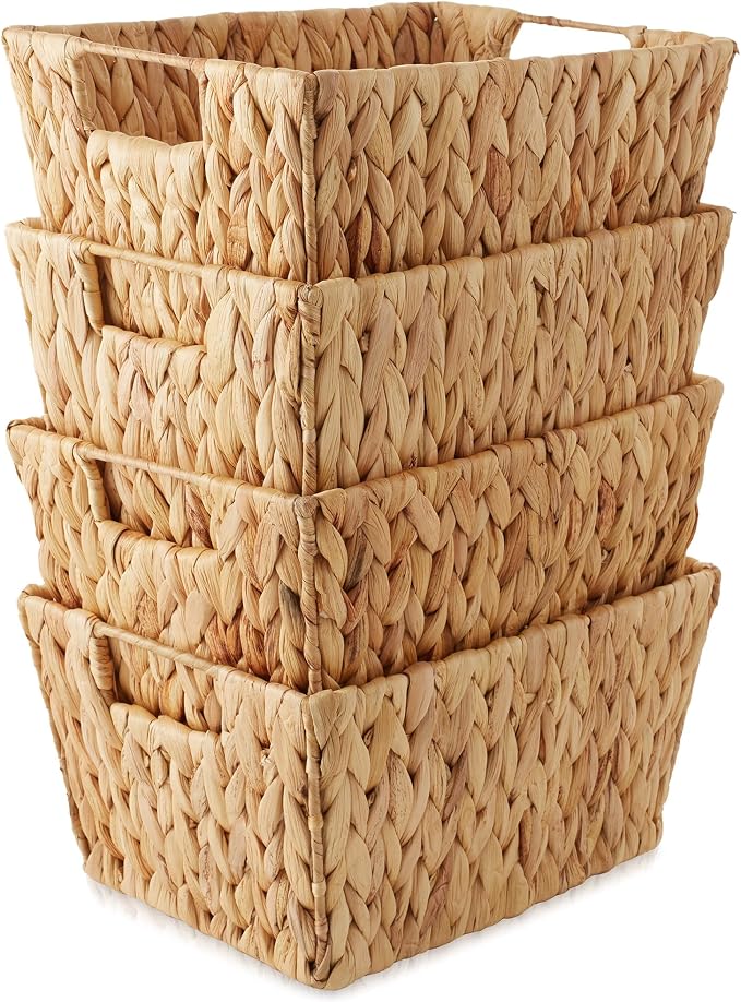 Casafield Set of 4 Water Hyacinth Storage Baskets with Handles - Natural, Woven Storage Bins for Shelves, Blankets, Laundry Organization