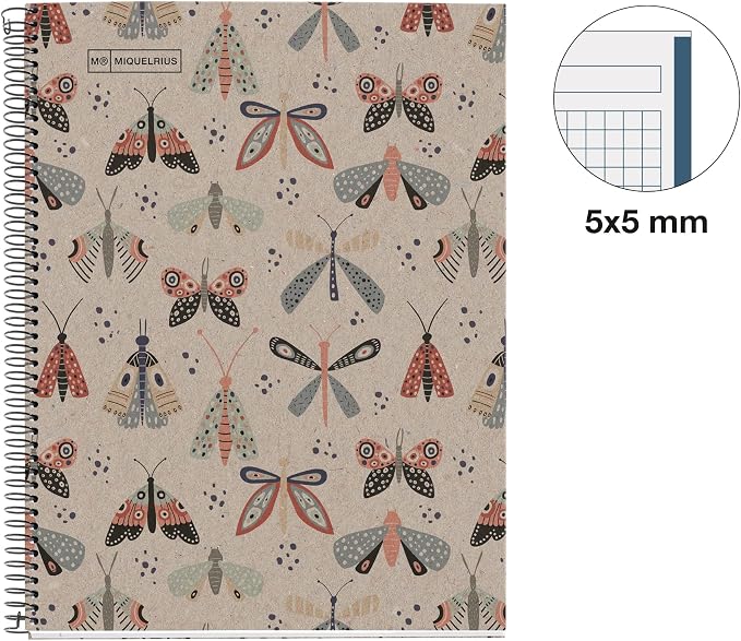 Miquelrius - 100% Recycled Notebook Notebook, 1 Colour Stripe, A4, 80 Sheets of 5 mm, 80 g Paper, 4 Drills, Recycled Cardboard Cover, Eco Butterfly Design
