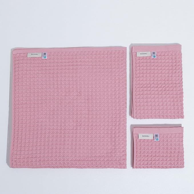 Luxury Organic Japanese Cotton Waffle Bath Towel | Thick, Absorbent, Quick Dry Bathroom Towels for Shower, Sauna, Onsen| Hotel & Spa Quality, Gift-Ready (Sakura Pink, Bath Towel Set (3-Piece))