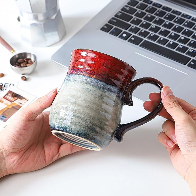 21 oz Large Ceramic Coffee Mugs, Handmade Cup with Large Handle, Big Tea and Coffee Cups for Office and Home, Microwave and Dishwasher Safe (Ink Red)