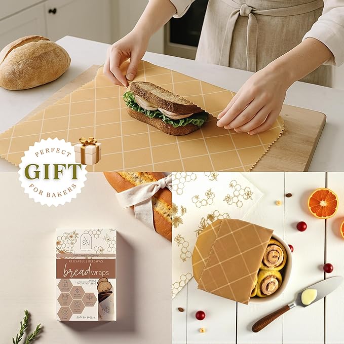 Nectar & Nest Beeswax Wraps for Food - Bread Wraps - Reusable Bread Storage Bags - Organic & Eco-Friendly Alternative to Aluminum Foil, Sourdough Bags & Plastic Wrap, Honeycomb Twill