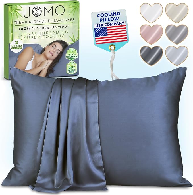 Zippered Pillowcases - Standard Size 26x20, 100% Viscose Derived from Bamboo, 2 PK, Navy Gray - Cooling Pillow Cases - Silky Pillow Covers for Hot Sleepers, Menopause, Night Sweats - by JoMo