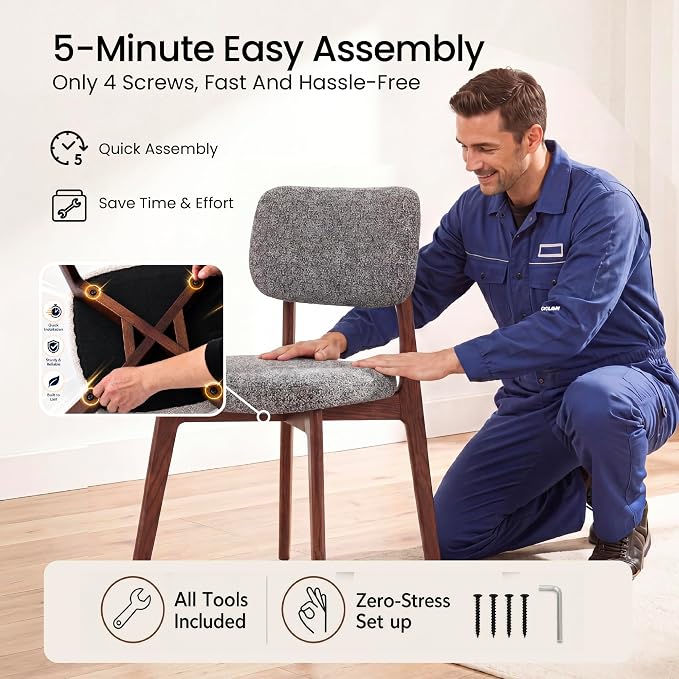 COLAMY Dining Chairs Set of 6, Modern Upholstered Kitchen Room Chairs with Solid Red Oak Wood Legs, 5-Min Easy Assembly Anti-Wobble, High-Weight Fabric Farmhouse Side Chair, 300lbs,Walnut,Darkgrey