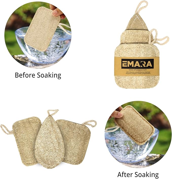 EMARA All Natural Kitchen Sponge Set of 3, Zero Waste Loufa, Organic, Vegan, 100% Biodegradable and Compostable, Durable, Reusable, Eco-Friendly Dishwashing Cleaning luffa Scrubber with Cotton String