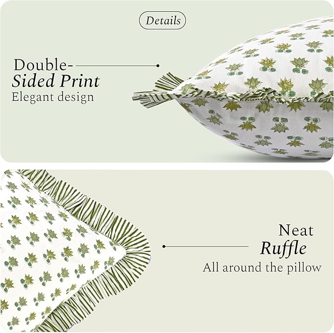 CPC Lotus Meadow Hand Block Print 100% Cotton Ruffle Throw Pillow Cover 24x24 inch with Hidden Zipper Decorative for Couch, Bed, Sofa, Farmhouse, Cottagecore Decor Gift Christmas Fall Thanksgiving