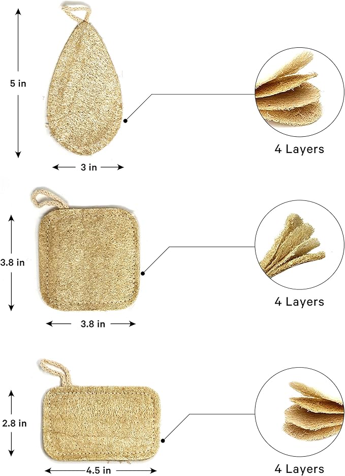 EMARA All Natural Kitchen Sponge Set of 3, Zero Waste Loufa, Organic, Vegan, 100% Biodegradable and Compostable, Durable, Reusable, Eco-Friendly Dishwashing Cleaning luffa Scrubber with Cotton String