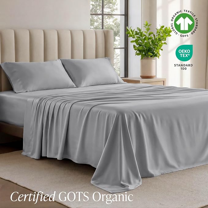 Bare Home 100% Organic Cotton Jersey Sheet Set, Ultra Soft, 100% Cotton - Sheet Set & Pillowcase - Deep Pocket Bed Sheets (Full, Light Grey)